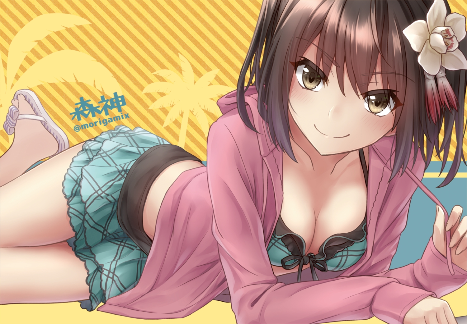anthropomorphism, bikini, breasts, brown_eyes, brown_hair, cleavage, d-style_wed, flowers, kantai_collection, sendai_(kancolle), short_hair, skirt, swimsuit, waifu2x, watermark
