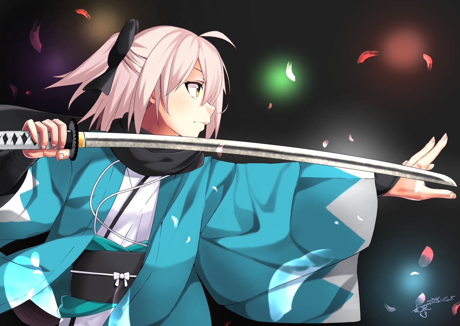 fate/grand_order, fate_(series), japanese_clothes, katana, mugipot, okita_souji_(fate), petals, pink_hair, ponytail, sword, waifu2x, weapon, yellow_eyes
