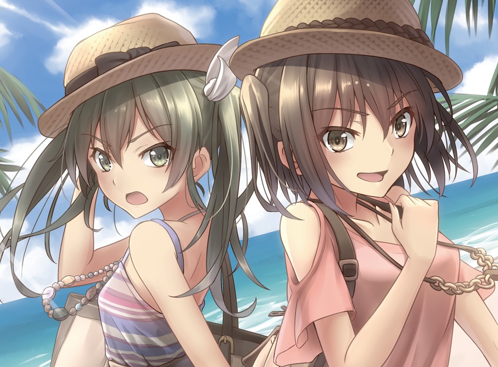 2girls, anthropomorphism, blush, brown_eyes, brown_hair, clouds, d-style_wed, green_eyes