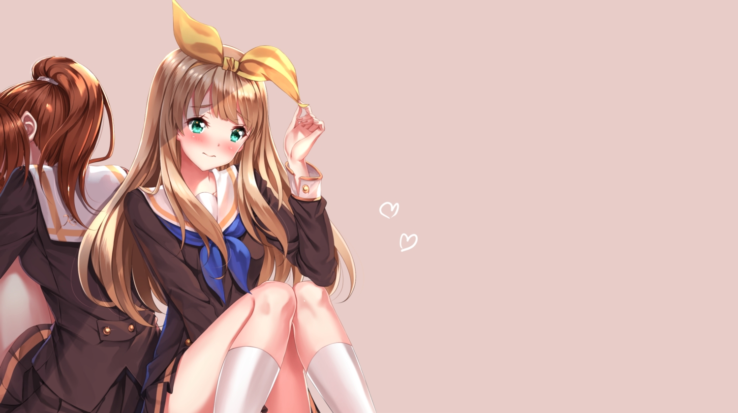 2girls, blonde_hair, blush, brown_hair, cropped, green_eyes, headband, hibike!_euphonium