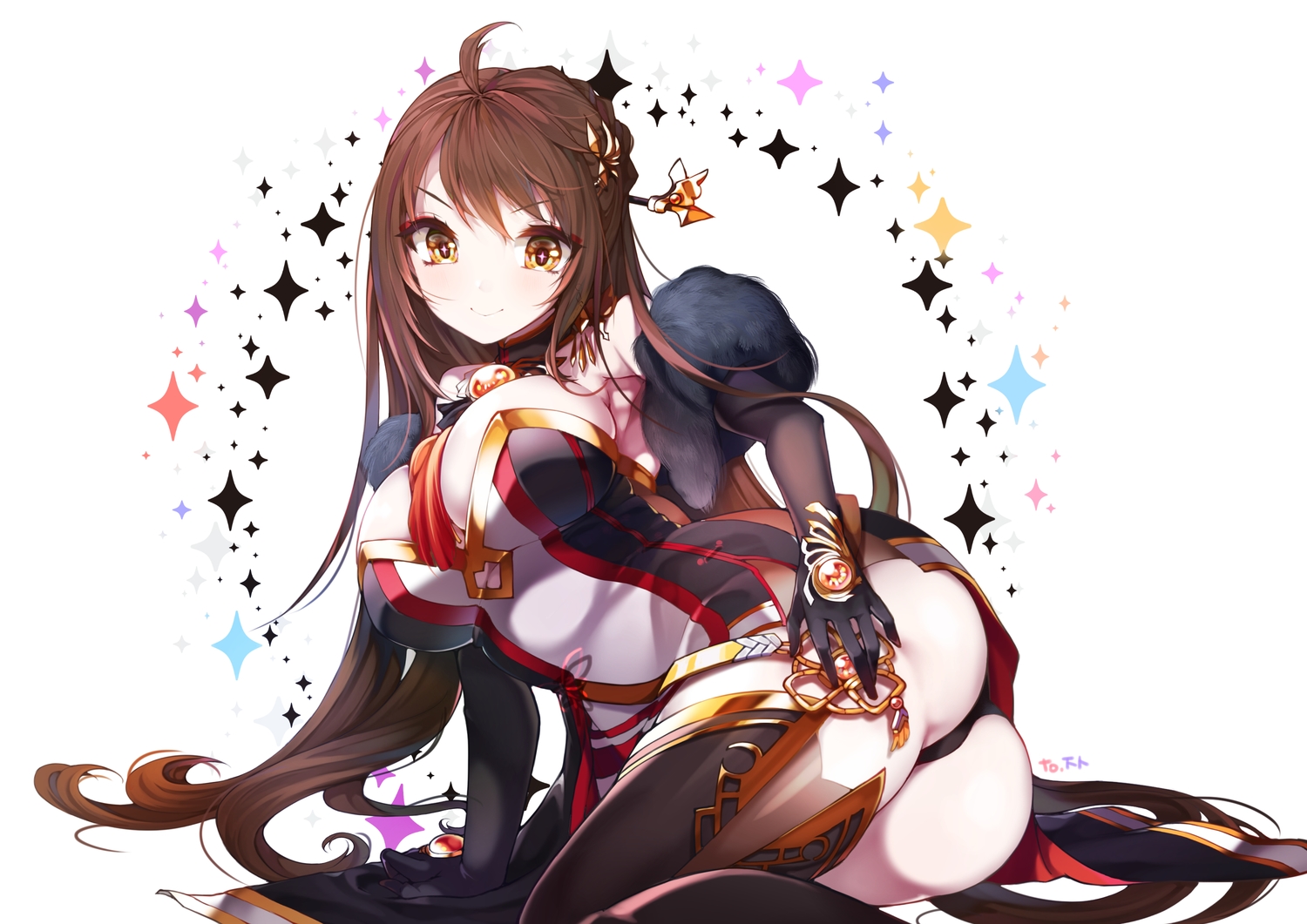 ara_haan, ass, breasts, brown_hair, cleavage, dress, elbow_gloves, elsword