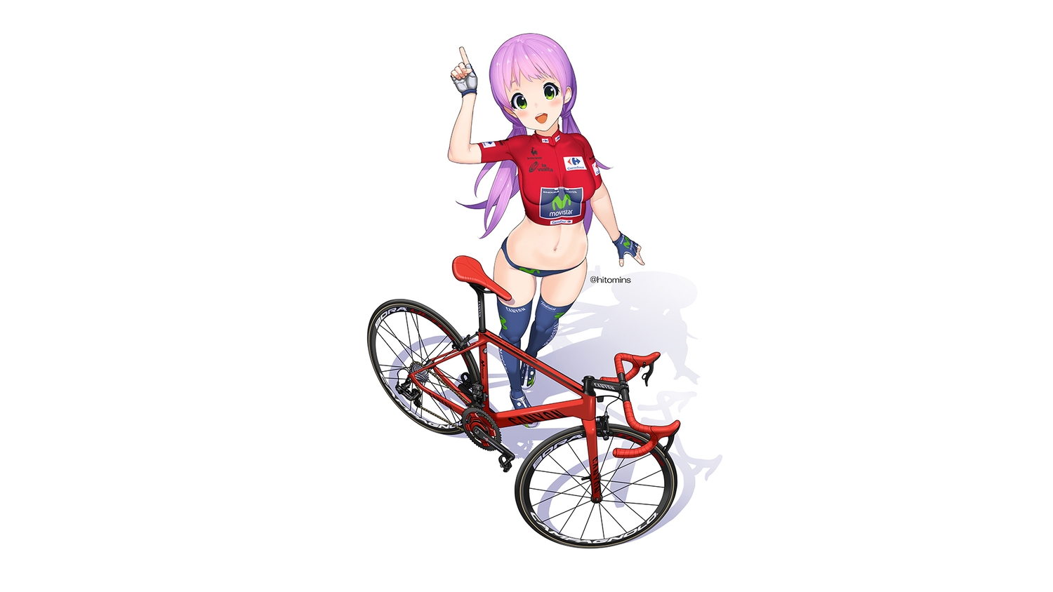 bicycle, blush, breasts, cleavage, gloves, green_eyes, hitomi_kazuya, long_hair