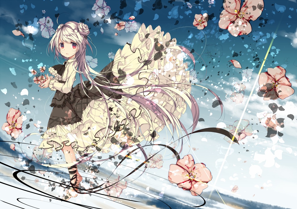 aliasing, clouds, dress, flowers, goth-loli, lolita_fashion, long_hair, original, red_eyes, ribbons, sky, umi_no_mizu, white_hair