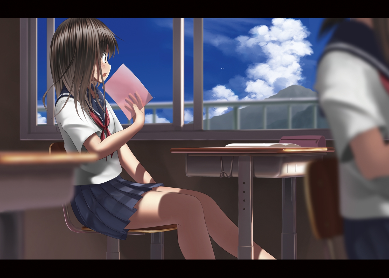 blush, brown_eyes, brown_hair, clouds, long_hair, original, sarekoube, school_uniform, skirt, sky