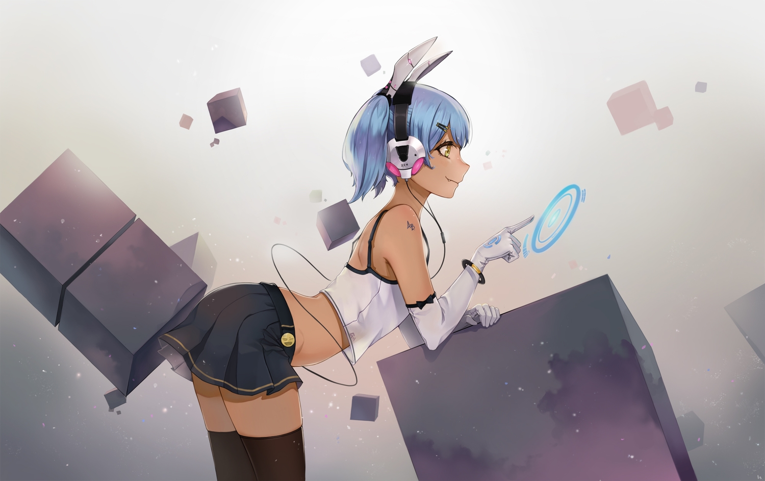 aliceblue, blue_hair, bow, dark_skin, elbow_gloves, fang, gloves, headphones, original, short_hair, signed, skirt, tattoo, twintails, yellow_eyes
