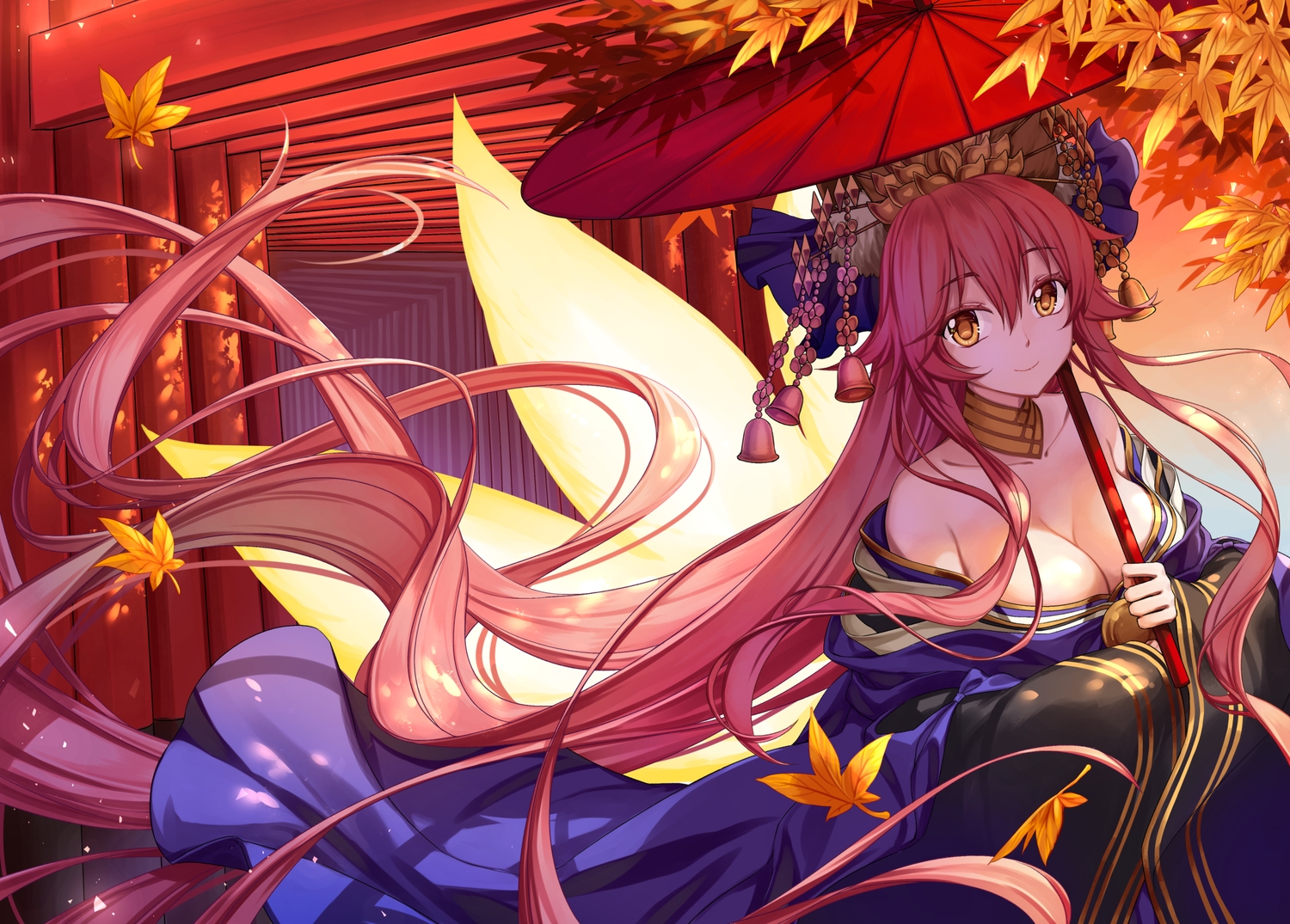 animal_ears, autumn, bell, breasts, choker, cleavage, fate/grand_order, fate_(series), foxgirl, headdress, japanese_clothes, jh, kimono, leaves, long_hair, multiple_tails, no_bra, orange_eyes, pink_hair, shade, tail, tamamo_no_mae_(fate), torii, umbrella