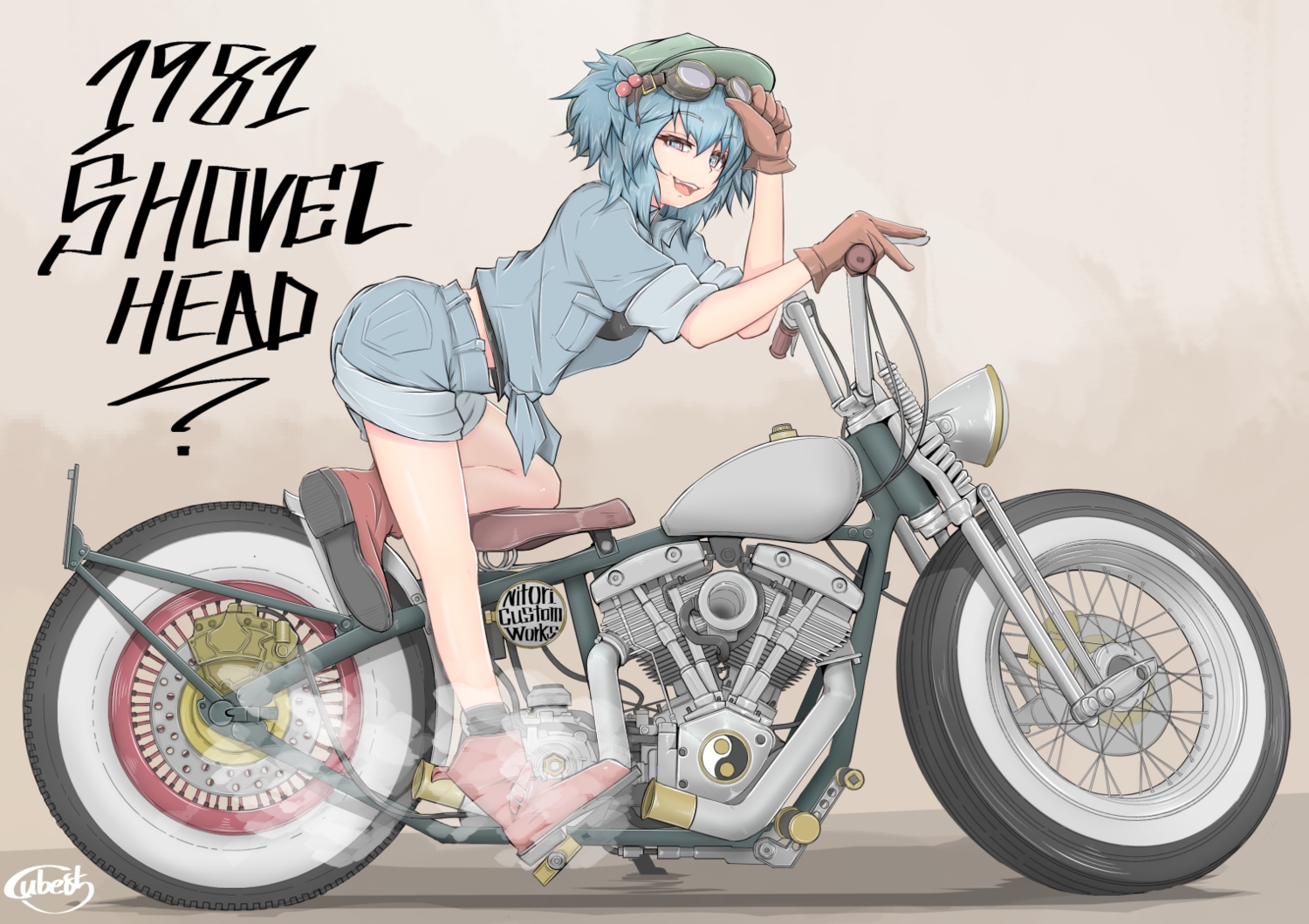 aliasing, aqua_eyes, blue_hair, boots, cube85, gloves, goggles, hat, kawashiro_nitori, motorcycle, short_hair, shorts, signed, socks, touhou, twintails