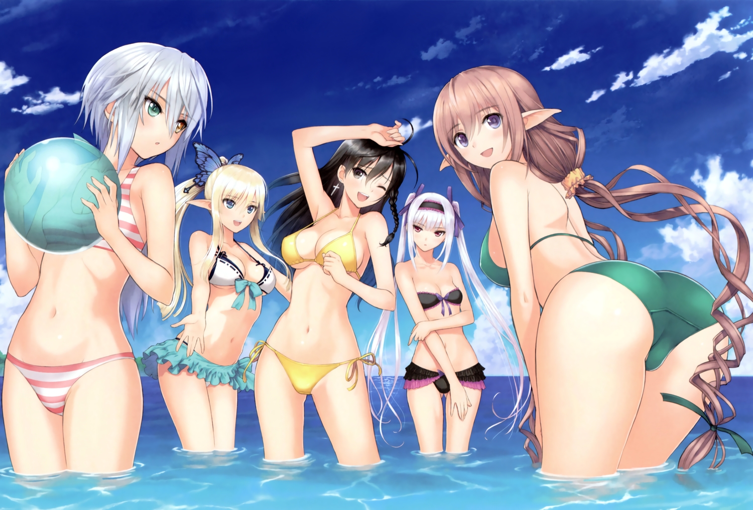 ass, ball, beach, bicolored_eyes, bikini, breasts, cleavage, clouds, excela_noa_aura, group, kirika_towa_alma, marion_lu_shila, pointed_ears, rinna_mayfield, scan, shining_resonance, sky, sonia_blanche, swimsuit, taka_tony, water, wet