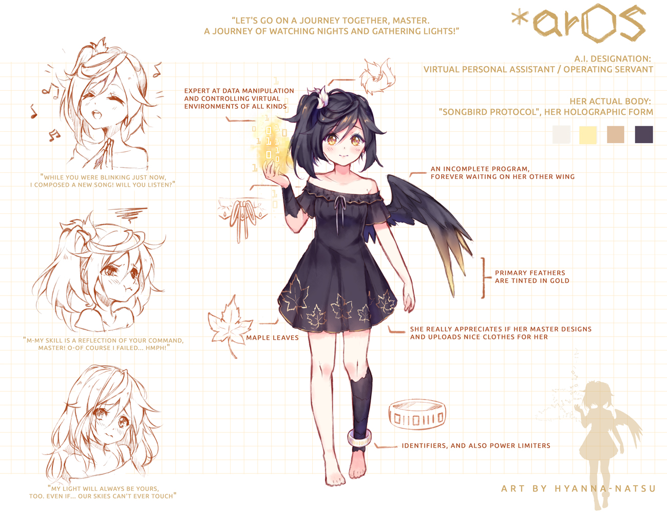 black_hair, dress, fire, hyanna-natsu, orange_eyes, original, ponytail, ribbons, short_hair, watermark, wings