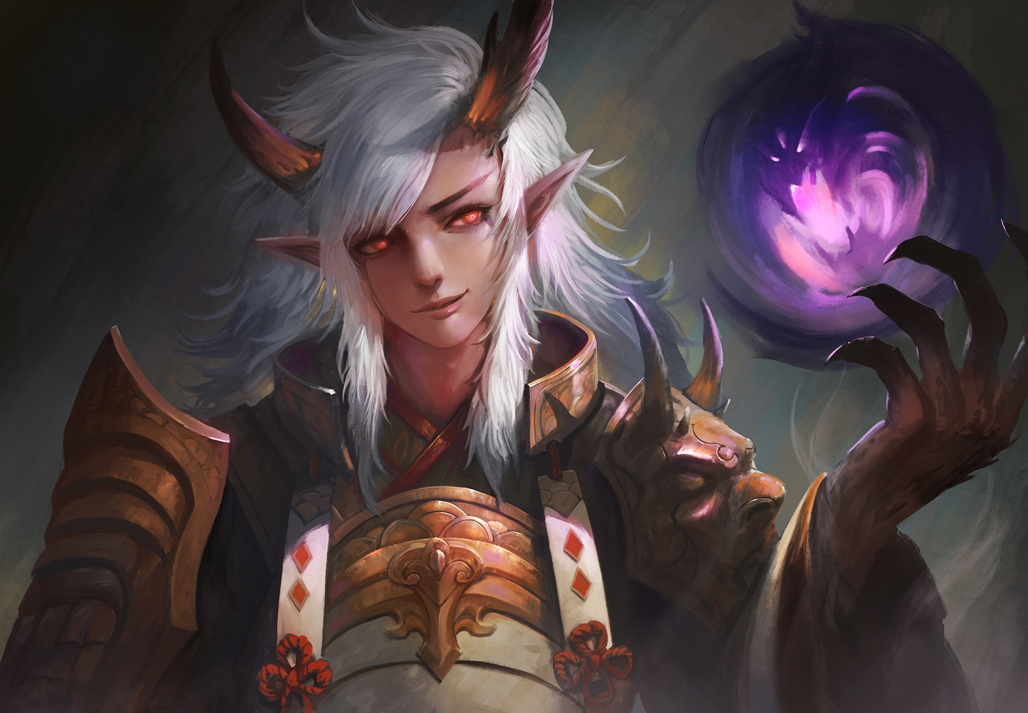 all_male, armor, demon, horns, ibaraki_douji_(onmyouji), kaze_no_gyouja, long_hair, magic, male, onmyouji, pointed_ears, realistic, red_eyes, samurai, white_hair