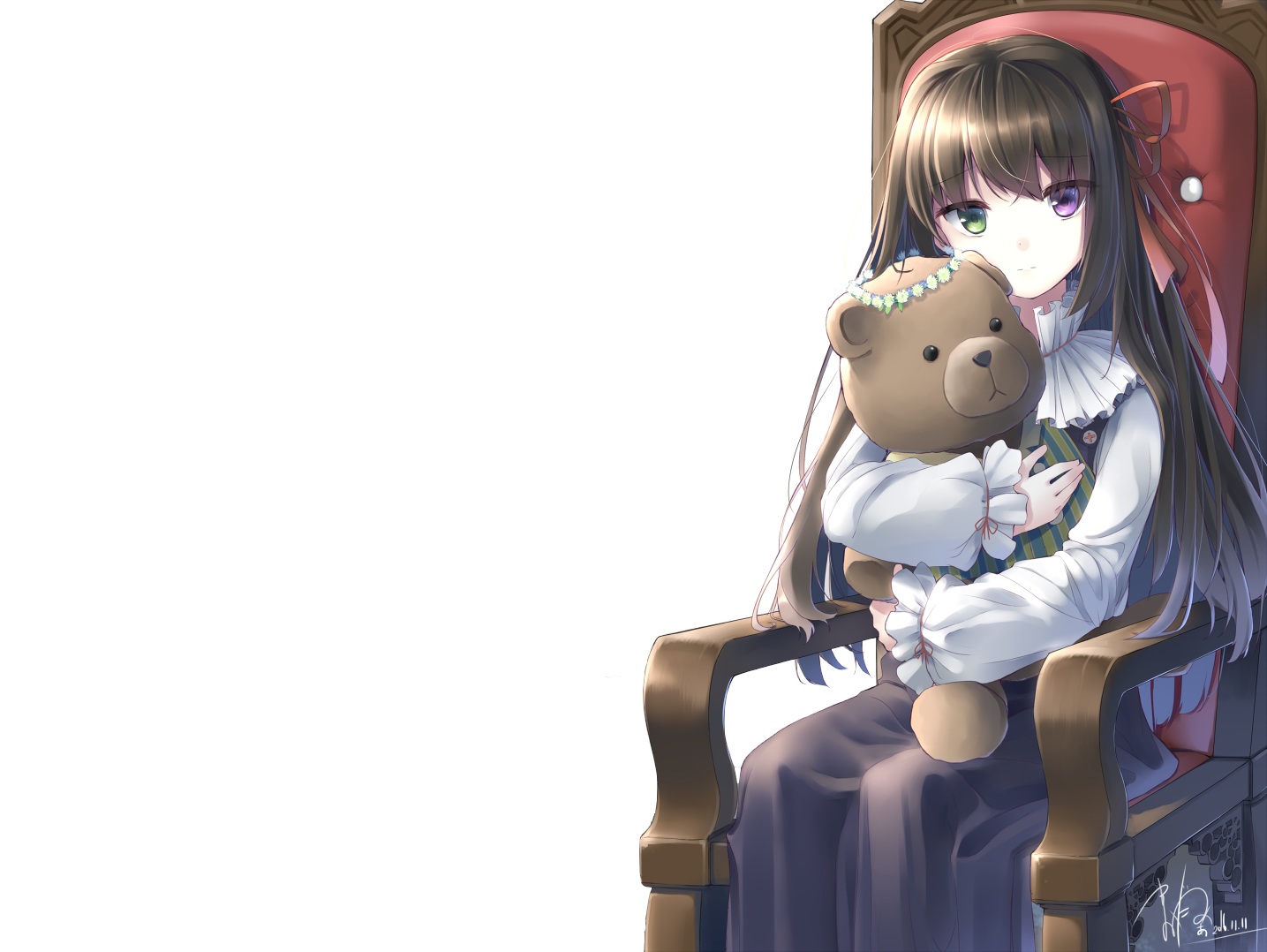 aliasing, bicolored_eyes, brown_hair, flowers, long_hair, makadamixa, original, ribbons