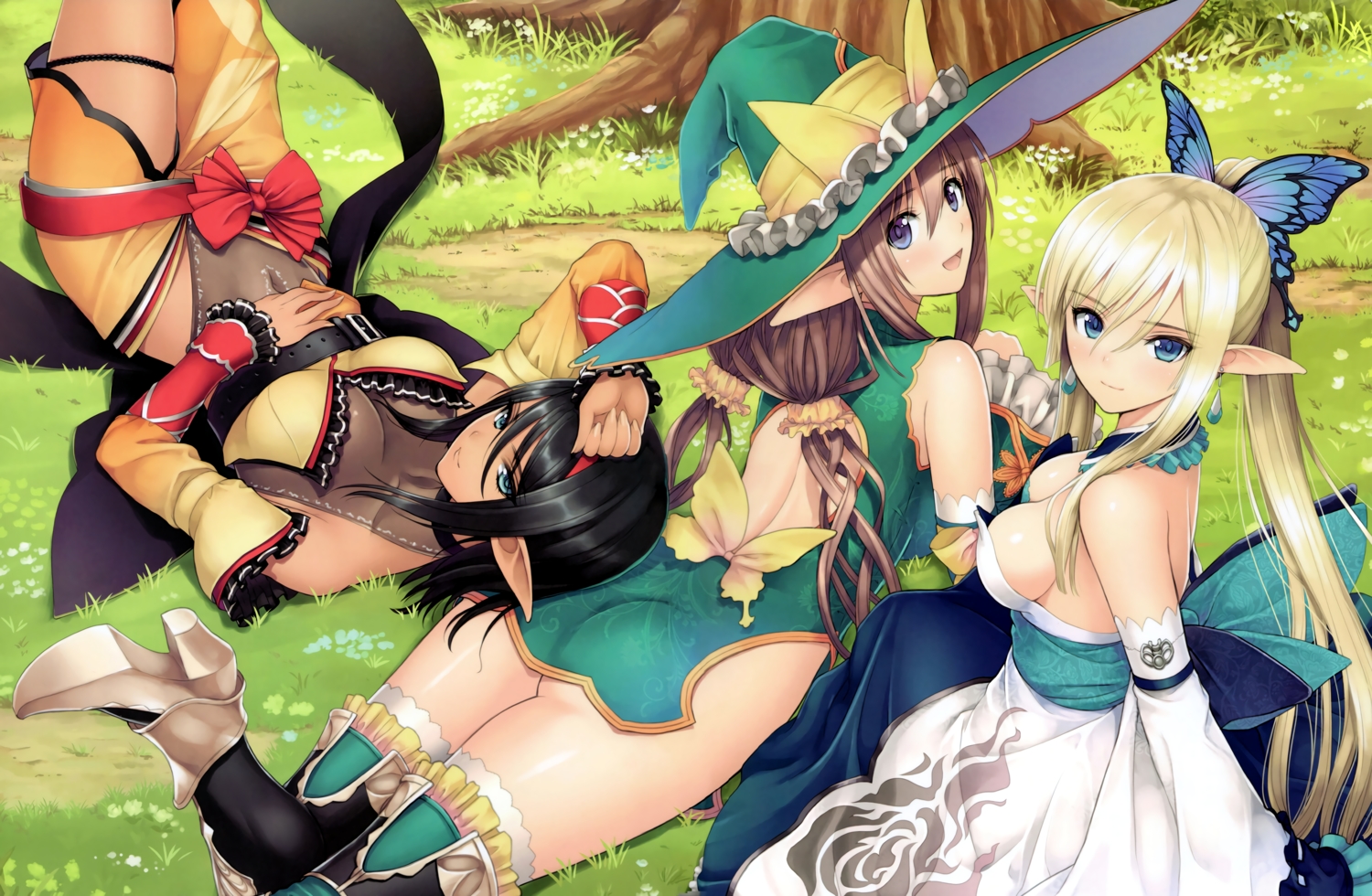 beatrice_irma, black_hair, blonde_hair, breasts, brown_eyes, butterfly, grass, green, hat, kirika_towa_alma, long_hair, pointed_ears, ponytail, rinna_mayfield, scan, shining_resonance, taka_tony, third-party_edit, witch_hat
