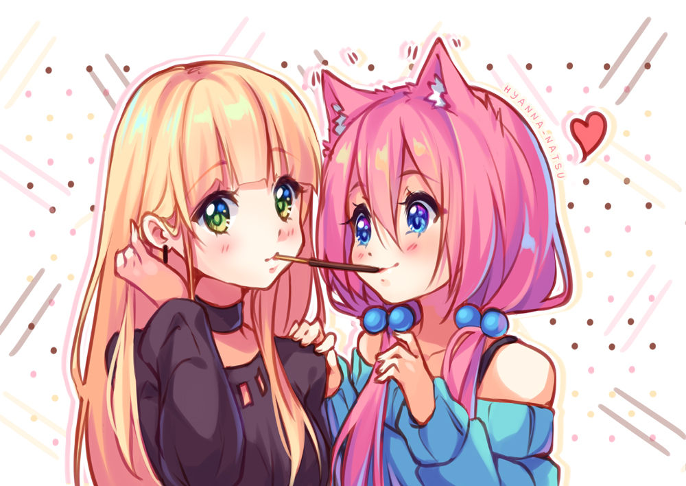 2girls, animal_ears, aqua_eyes, blonde_hair, blush, choker, food, green_eyes