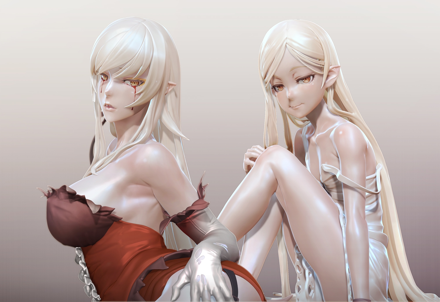 3d, aliasing, bakemonogatari, blonde_hair, blood, breasts, dress, erect_nipples