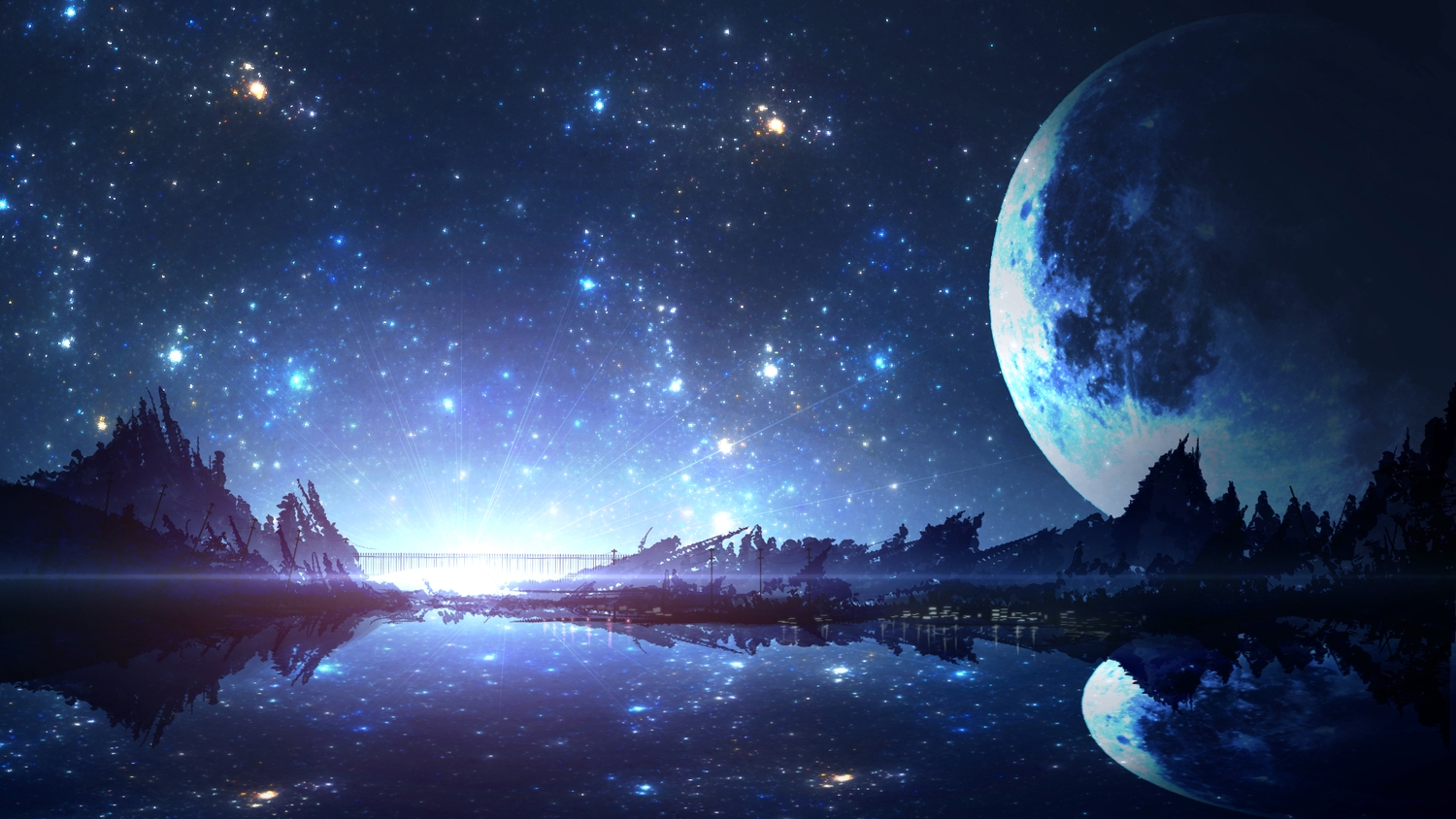 moon, night, no_humans, original, reflection, scenic, smile_(qd4nsvik), stars, sunset, tree, water