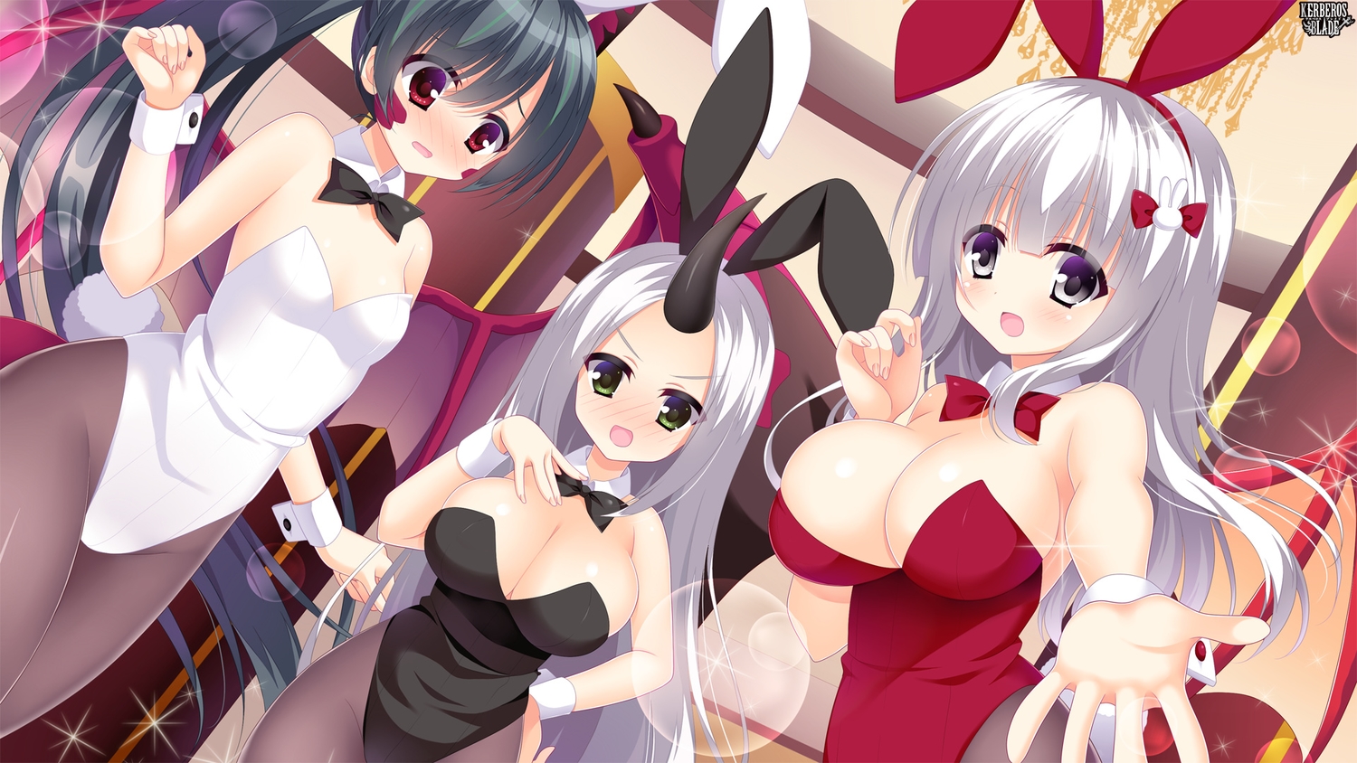 animal_ears, black_hair, blush, bodysuit, bow, breasts, bunny_ears, bunnygirl, cleavage, collar, gray_eyes, green_eyes, headband, horns, kerberos_blade, logo, long_hair, no_bra, pantyhose, ponytail, red_eyes, tail, tie, white_hair, wings, wristwear, yuyumatsu