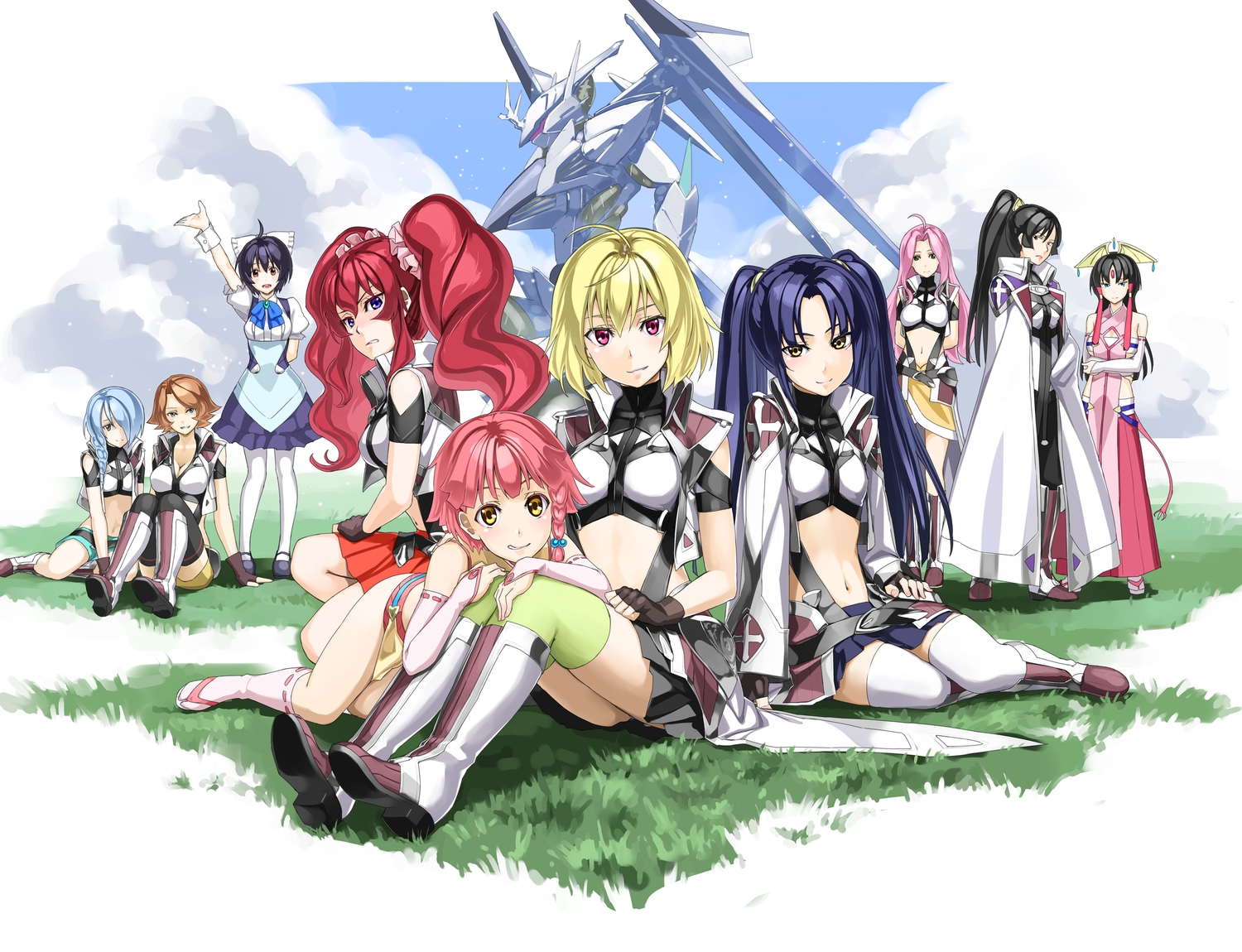 angelise_ikaruga_misurugi, aqua_eyes, aqua_hair, black_hair, blonde_hair, blue_hair, blush, boots, bow, braids, breasts, brown_hair, cape, chris_(cross_ange), clouds, cross_ange, ersha_(cross_ange), gloves, grass, green_eyes, group, hildegard_schlievogt, jill_(cross_ange), kurogin_skywalker, long_hair, maid, mecha, momoka_oginome_(cross_ange), navel, orange_eyes, pantyhose, pink_eyes, pink_hair, ponytail, purple_eyes, red_hair, ribbons, rosalie_(cross_ange), salamandinay, salia_tereshkova, short_hair, shorts, skirt, sky, stockings, thighhighs, twintails, uniform, vivian_(cross_ange), yellow_eyes