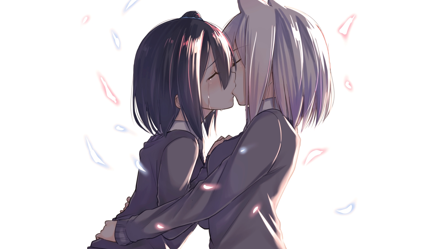 2girls, animal_ears, blush, brown_hair, catgirl, crying, hug, kiss, original, short_hair, shoujo_ai, suzunari_shizuku, tears, white_hair, yukiarare