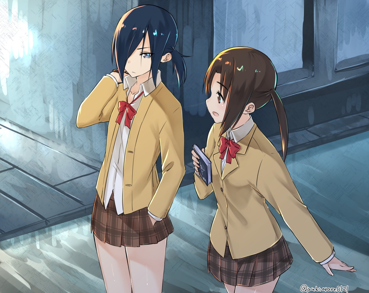 2girls, black_hair, book, bow, brown_eyes, brown_hair, gray_eyes, ponytail