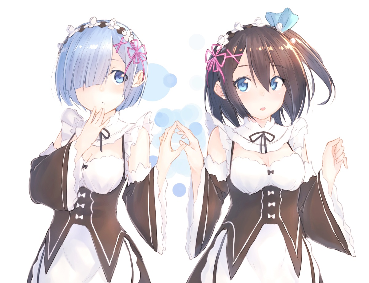 2girls, aliasing, aqua_eyes, aqua_hair, breasts, brown_hair, cleavage, collar, cosplay, dress, headdress, maid, original, ponytail, rem_(re:zero), re:zero_kara_hajimeru_isekai_seikatsu, short_hair, suzunari_shizuku, uniform, yukiarare