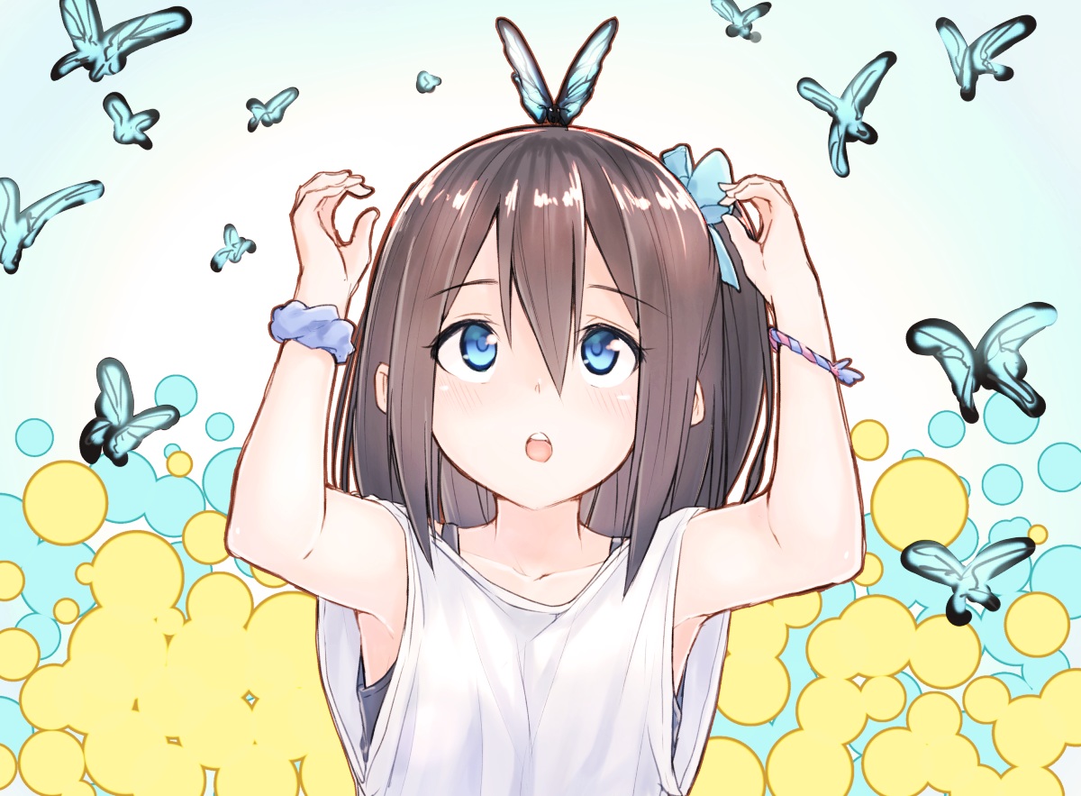 aliasing, aqua_eyes, blush, bow, brown_hair, butterfly, original, ponytail, short_hair, suzunari_shizuku, wristwear, yukiarare