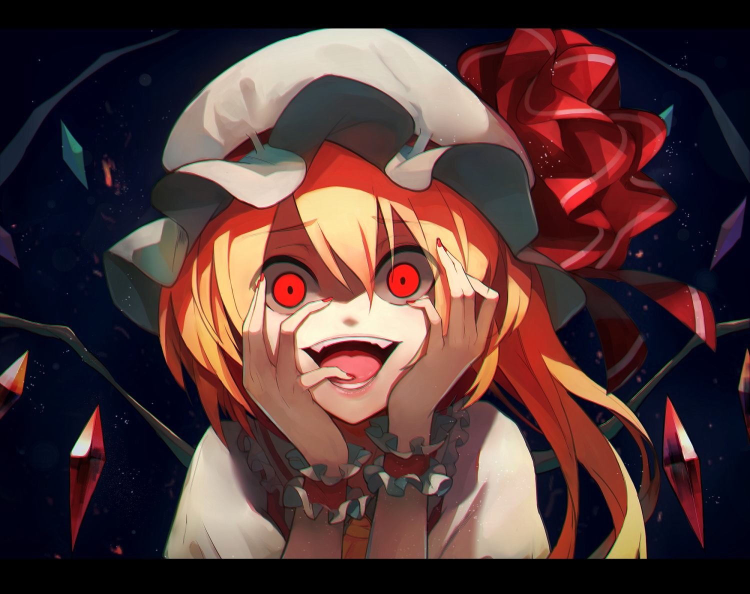blonde_hair, close, fami_(yellow_skies), fang, flandre_scarlet, hat, long_hair, ponytail, red_eyes, touhou, vampire, wings, wristwear