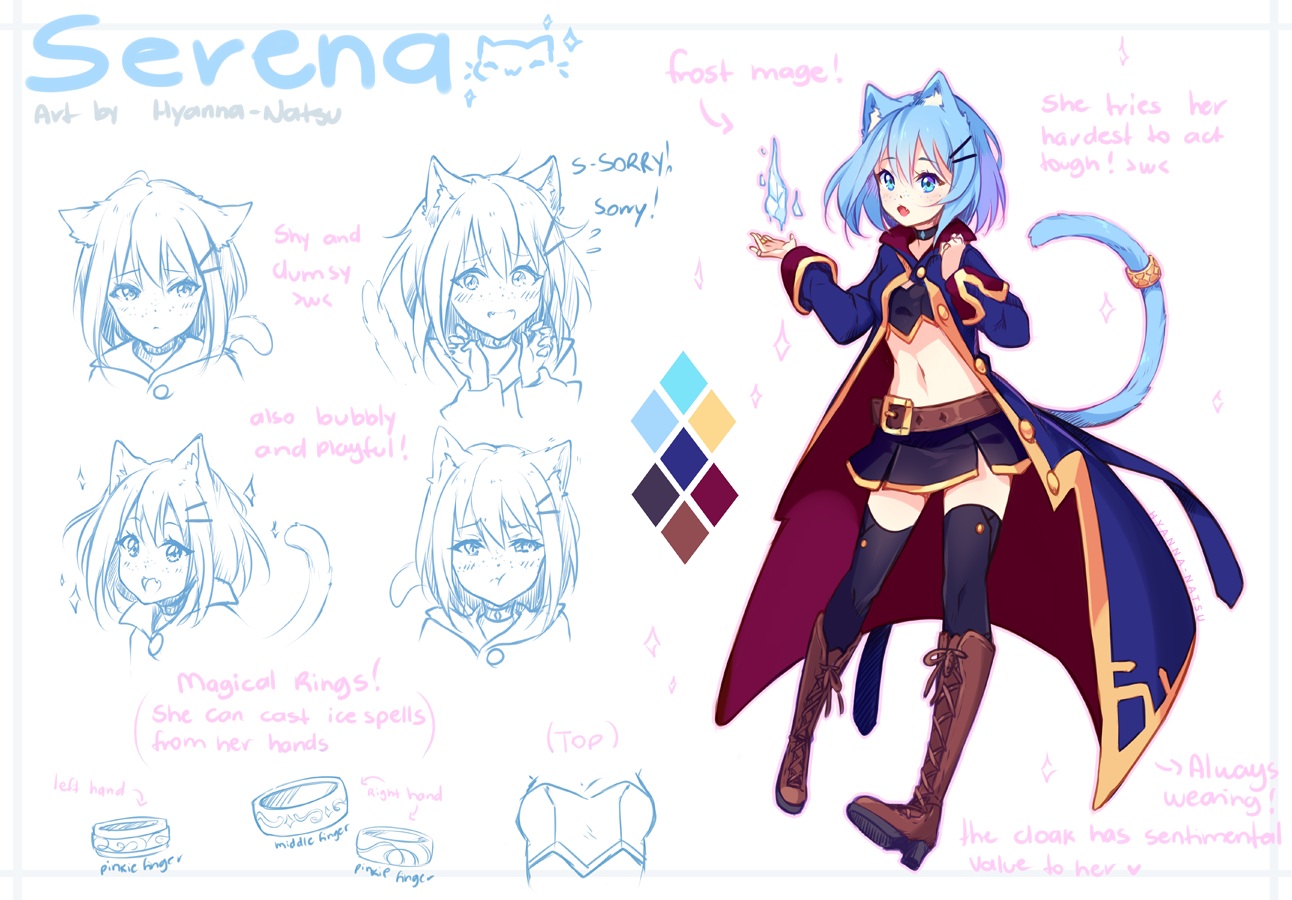 animal_ears, aqua_eyes, aqua_hair, blush, boots, catgirl, choker, hyanna-natsu, mage, magic, navel, original, short_hair, sketch, skirt, tail, thighhighs, zettai_ryouiki