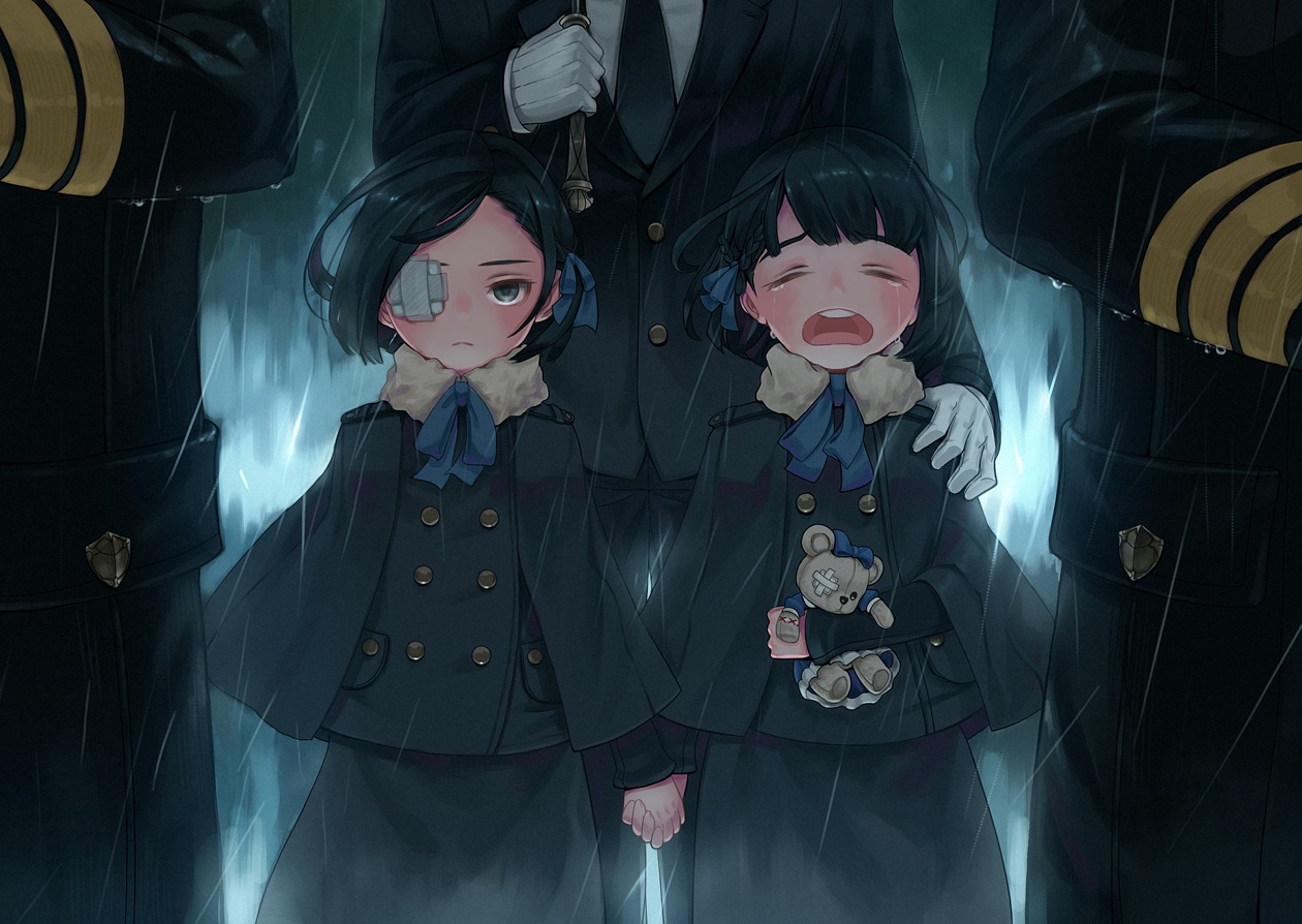 bandage, black_hair, cape, carv, crying, eyepatch, gloves, gray_eyes