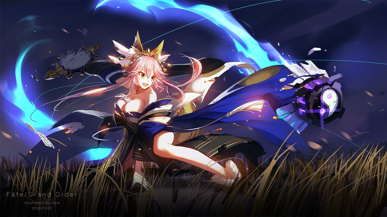 animal_ears, breasts, clare_(543), cleavage, fang, fate/extra, fate/grand_order, fate_(series), foxgirl, grass, long_hair, magic, no_bra, ofuda, orange_eyes, pink_hair, tail, tamamo_no_mae_(fate), watermark