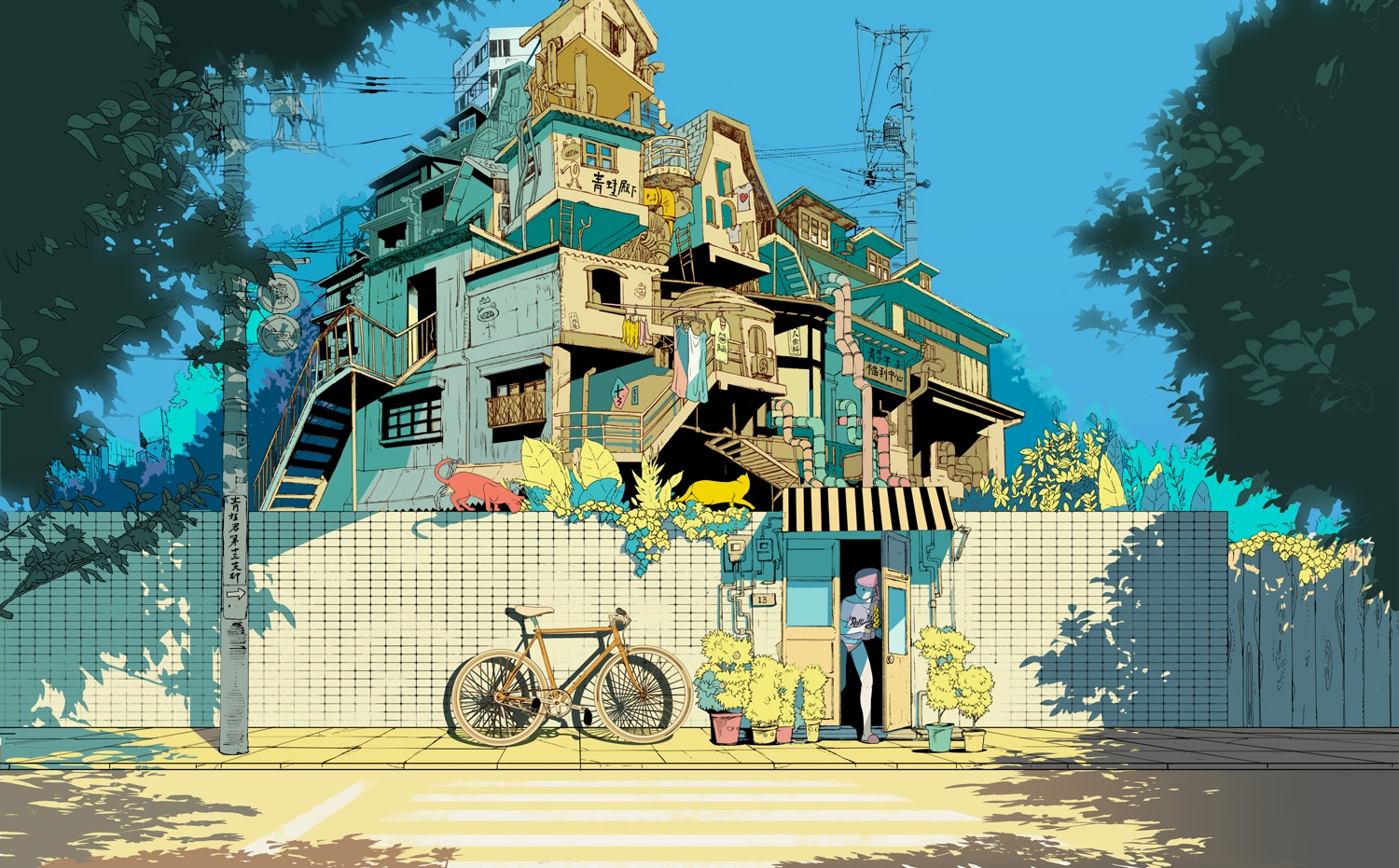 animal, bicycle, building, cat, kudamono790, original, polychromatic, tree