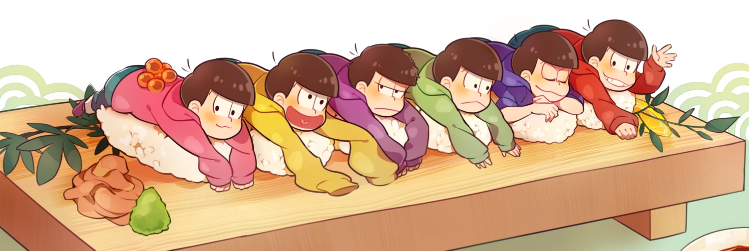 all_male, auko, brown_hair, food, group, hood, male, matsuno_choromatsu