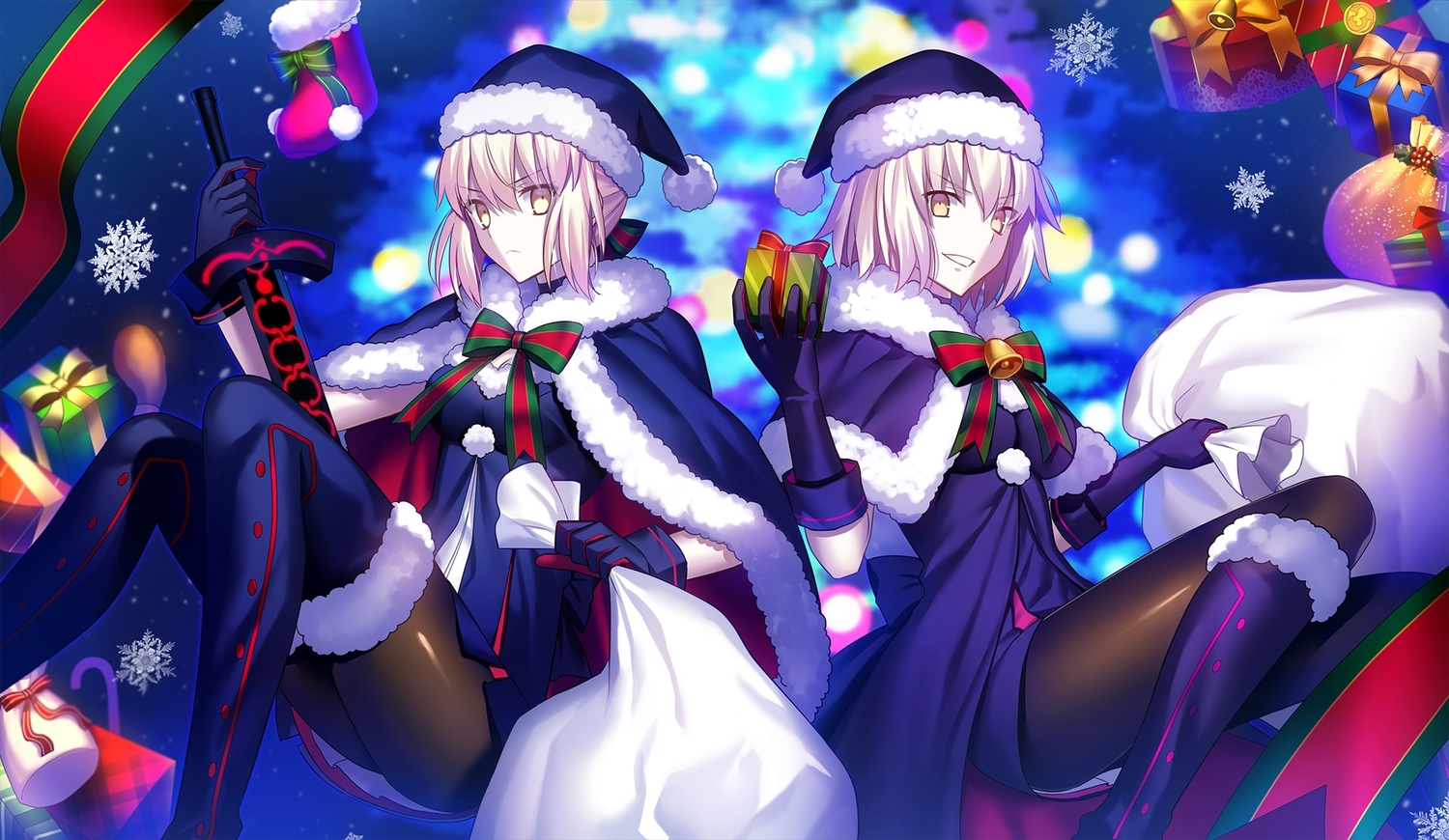 2girls, artoria_pendragon_(all), blonde_hair, boots, bow, cape, christmas, fate/grand_order, fate_(series), fuyuki_(neigedhiver), gloves, hat, jeanne_d'arc_alter, jeanne_d'arc_(fate), pantyhose, saber, saber_alter, santa_hat, short_hair, snow, sword, weapon, yellow_eyes