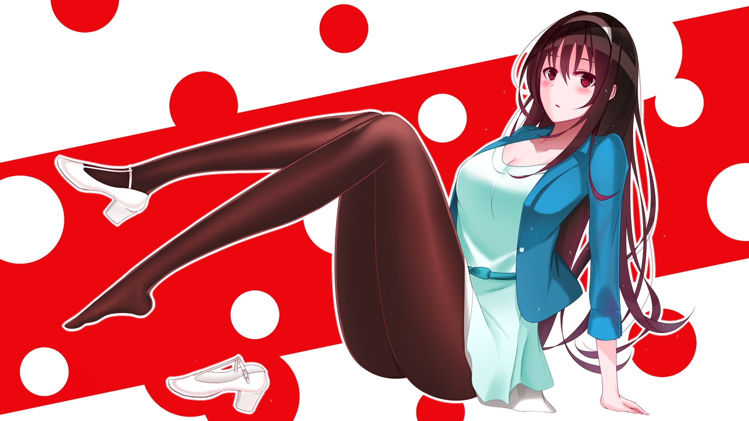 blush, breasts, brown_hair, cleavage, dress, headband, kasumigaoka_utaha, long_hair, pantyhose, red_eyes, ruri_tateha, saenai_heroine_no_sodatekata