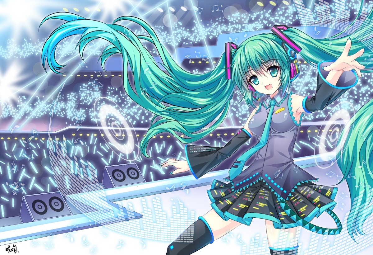 breasts, green_eyes, green_hair, halodark, hatsune_miku, long_hair, signed, skirt