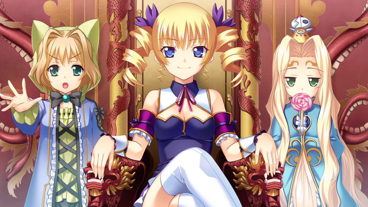 aliasing, blonde_hair, blue_eyes, breasts, candy, charjun'iku, cleavage, dress, game_cg, green_eyes, headdress, kantaka, koihime_enbu, koihime_musou, loli, lollipop, long_hair, short_hair, sousou, teiiku, thighhighs, twintails, wristwear