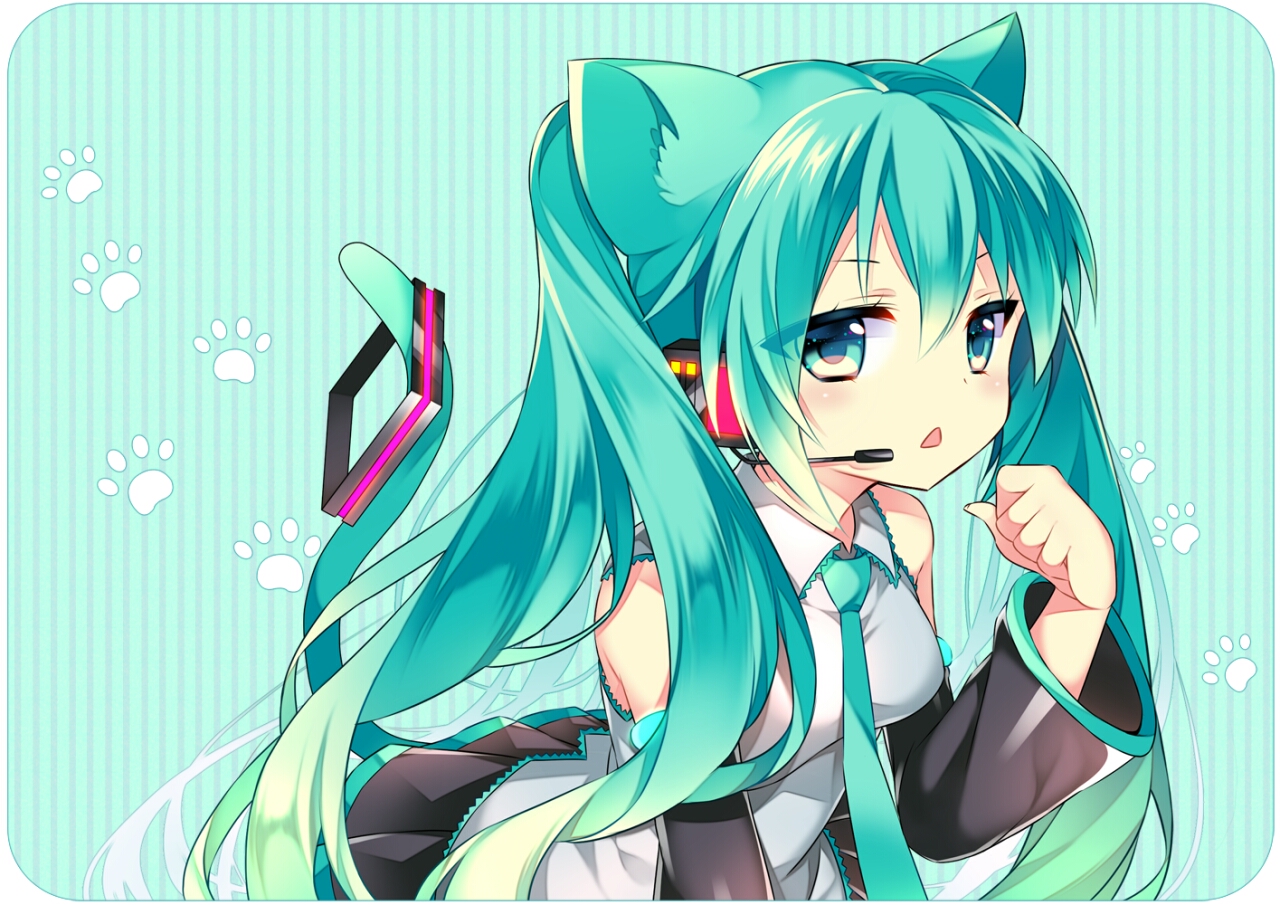 animal_ears, aqua_eyes, aqua_hair, catgirl, hatsune_miku, kurisu_sai, long_hair, tail, tie, twintails, vocaloid