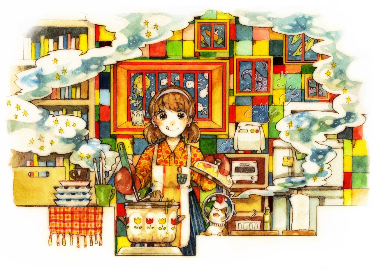 animal, blush, book, brown_eyes, brown_hair, cat, food, headband