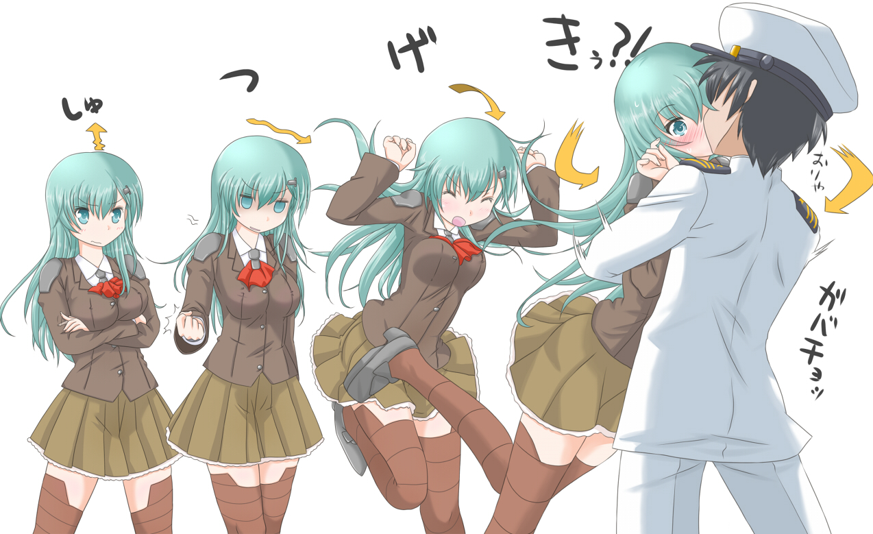 admiral_(kancolle), anthropomorphism, aqua_eyes, aqua_hair, blush, gloves, jack_(slaintheva), kantai_collection, kiss, long_hair, male, skirt, suzuya_(kancolle)