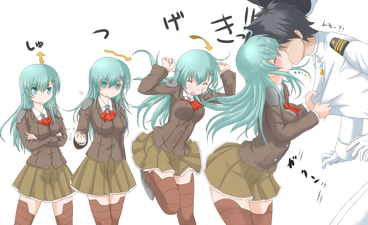 admiral_(kancolle), anthropomorphism, aqua_eyes, aqua_hair, blush, gloves, jack_(slaintheva), kantai_collection, kiss, long_hair, male, skirt, suzuya_(kancolle)