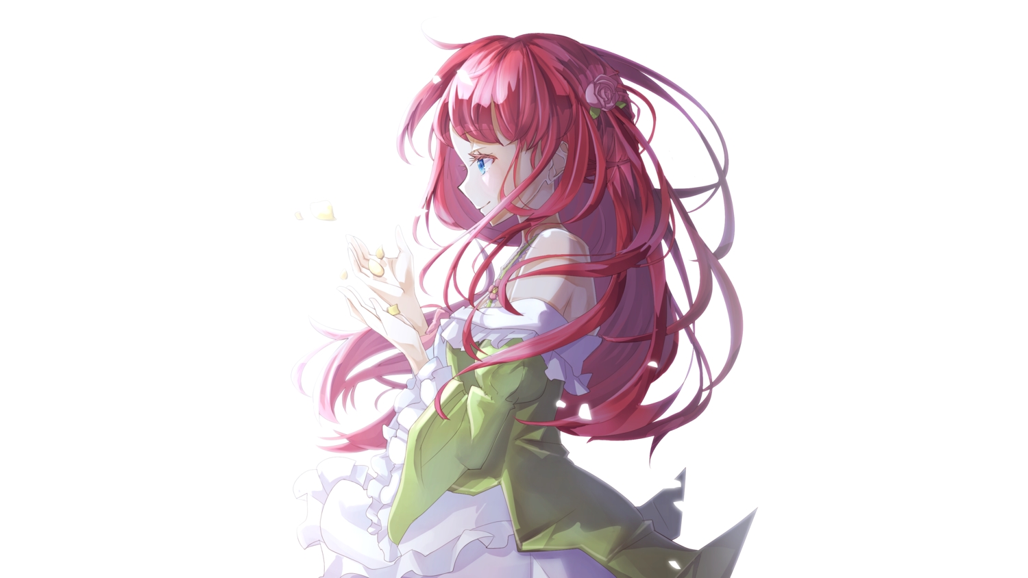 aqua_eyes, dress, long_hair, petals, red_hair, re:zero_kara_hajimeru_isekai_seikatsu, thearesia_van_astrea, white, yuzouni