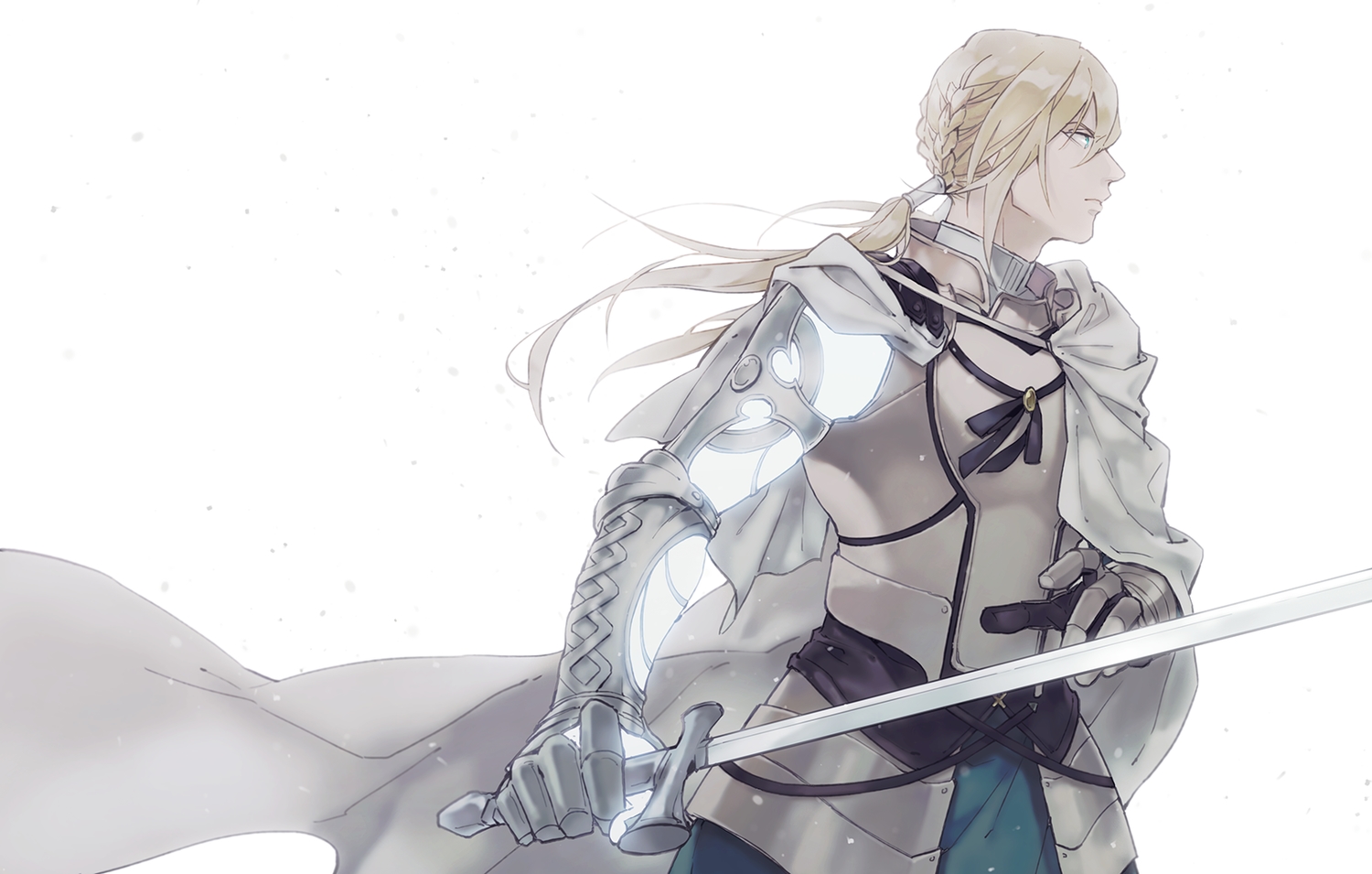 all_male, aqua_eyes, armor, bedivere, blonde_hair, braids, cape, fate/grand_order, fate_(series), gloves, himishiro, long_hair, male, ponytail, sword, weapon, white