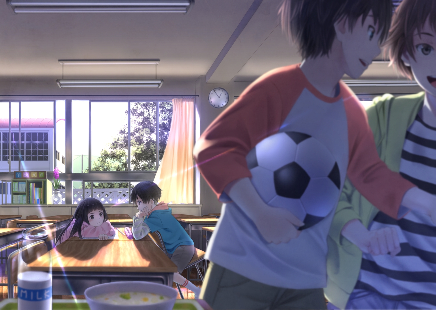 ball, black_hair, book, brown_eyes, brown_hair, building, drink, food