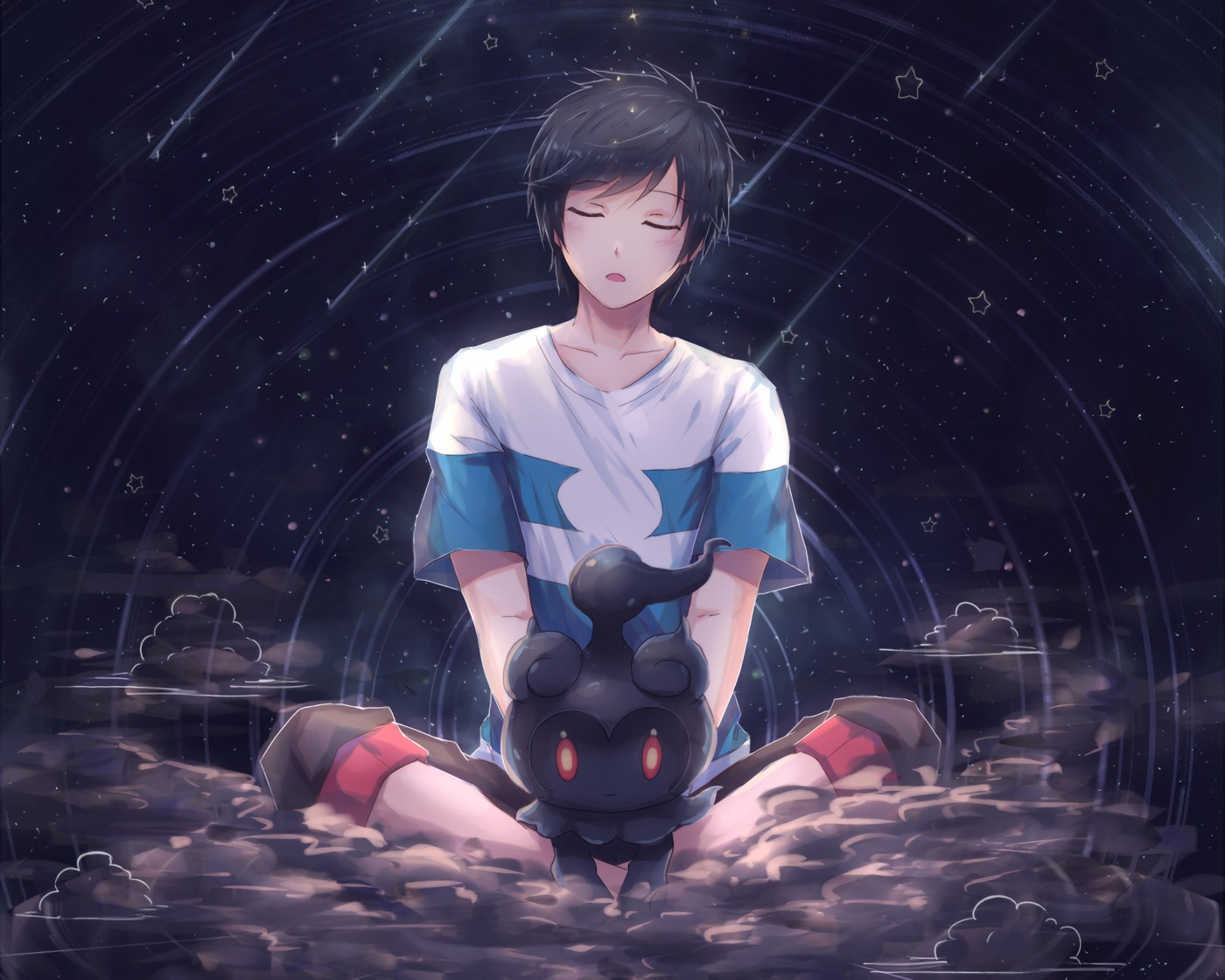 all_male, black_hair, clouds, cropped, male, marshadow, pokemon, short_hair, shuryukan, stars, waifu2x, you_(pokemon)