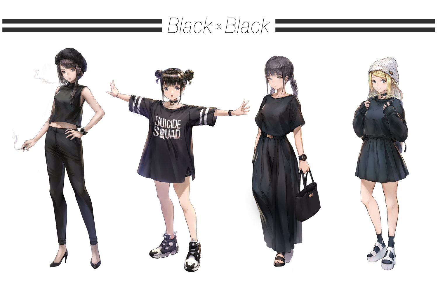 black_hair, blonde_hair, braids, brown_hair, cigarette, collar, dress, group