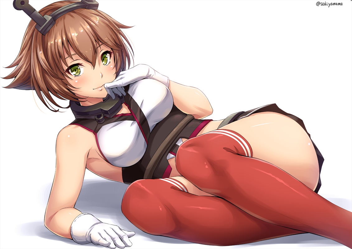 anthropomorphism, brown_hair, gloves, green_eyes, headband, kantai_collection, mutsu_(kancolle), sakiyamama, short_hair, signed, skirt, thighhighs, white