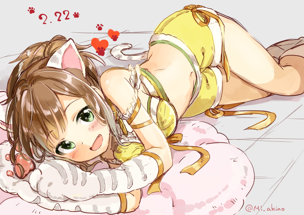 animal_ears, blush, brown_hair, catgirl, fang, gloves, green_eyes, idolmaster, idolmaster_cinderella_girls, idolmaster_cinderella_girls_starlight_stage, kneehighs, maekawa_miku, miyabi_akino, ponytail, ribbons, shorts, signed, sketch, tail