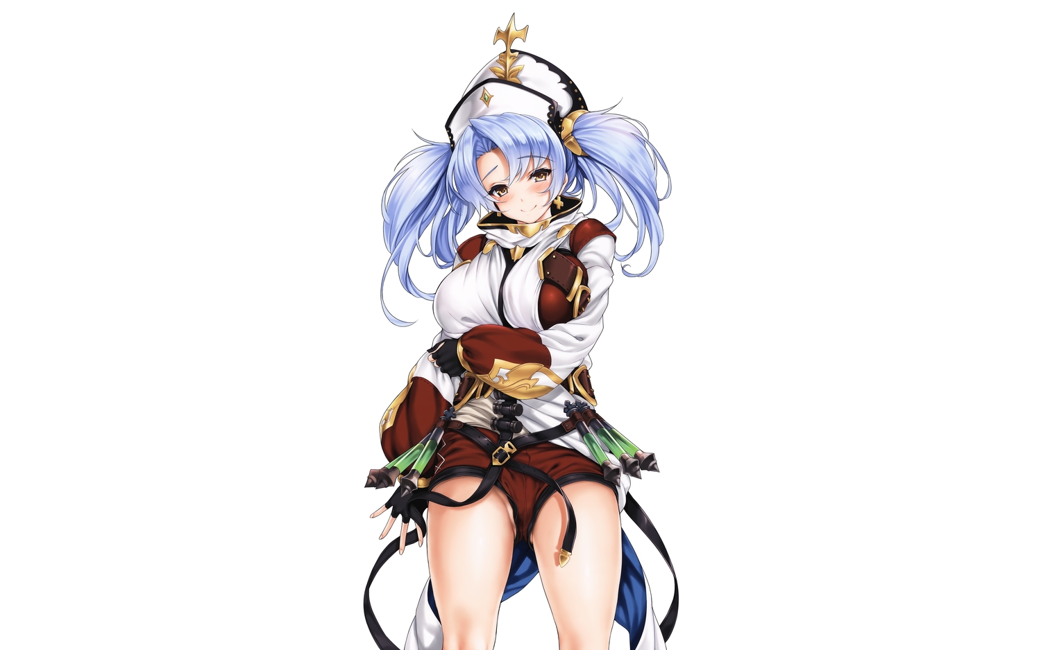 blue_hair, blush, breast_hold, breasts, brown_eyes, cropped, gloves, granblue_fantasy, hat, kure_masahiro, nopan, shorts, sophia_(granblue_fantasy), third-party_edit, twintails, white