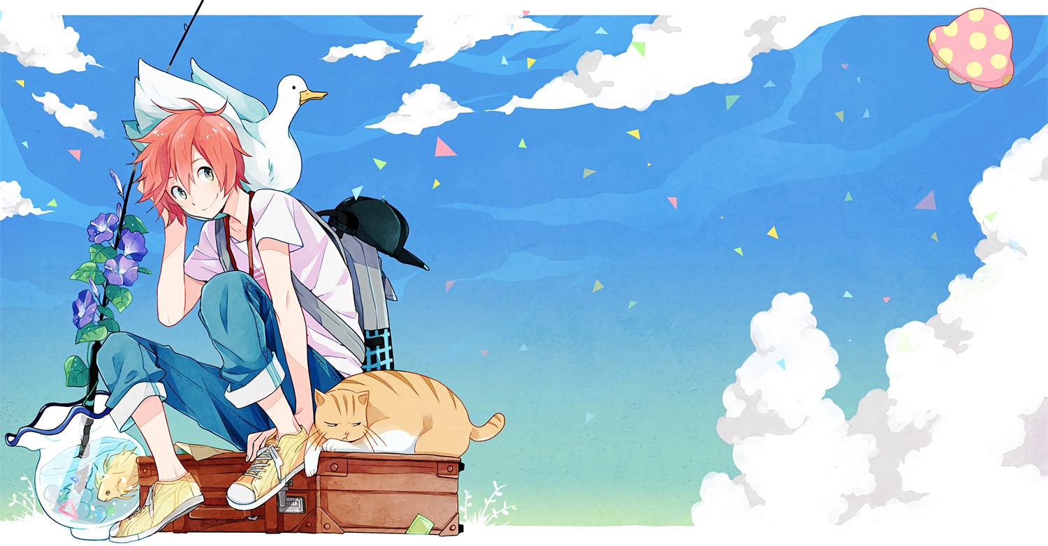all_male, animal, bird, cat, clouds, duck, fish, flowers
