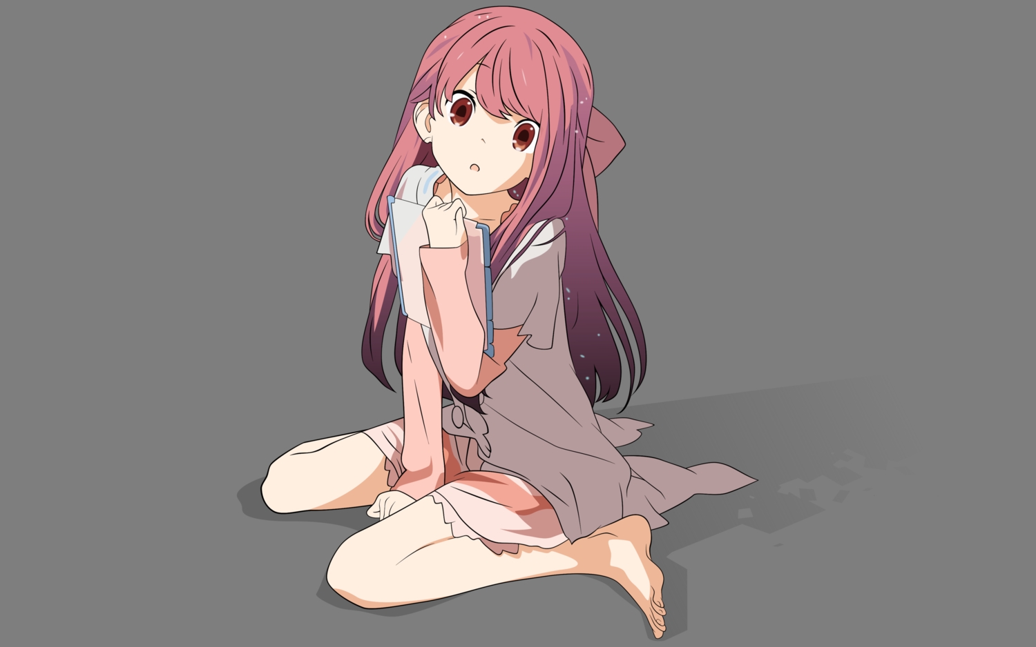 barefoot, bow, dress, long_hair, pink_hair, red_eyes, rin_(shelter), shelter