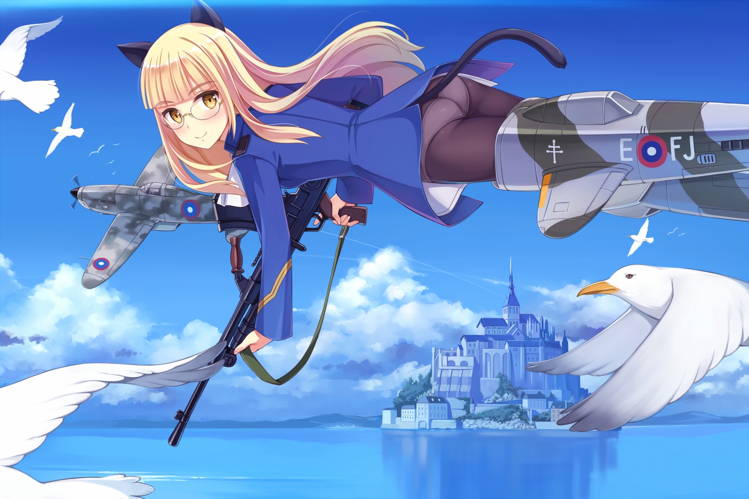 aircraft, animal, animal_ears, ass, bird, blonde_hair, building, clouds